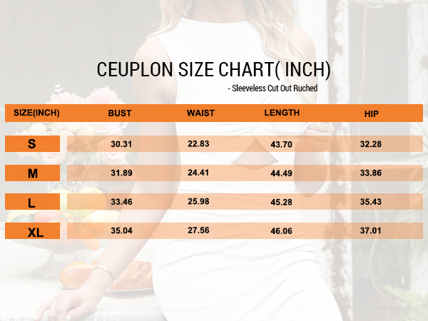 Ceuplon Size Chart( Inch)- Sleeveless Cut Out Ruched Bodycon Long Dress