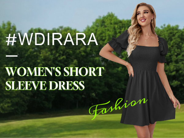 WDIRARA Women''s Square Neck Flounce Short Sleeve Shirred Ruffle Hem Dress