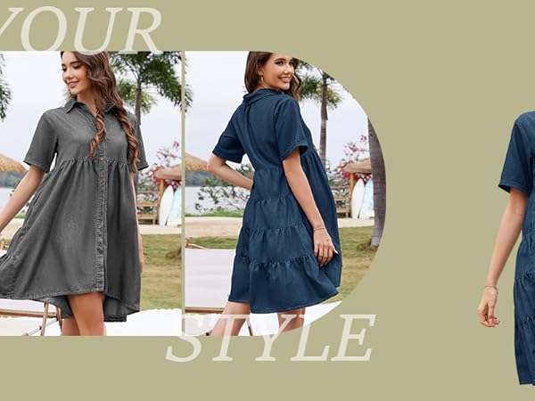 Short Sleeve Collared Button Down Tiered Summer Flowy Jean Dresses with Pockets