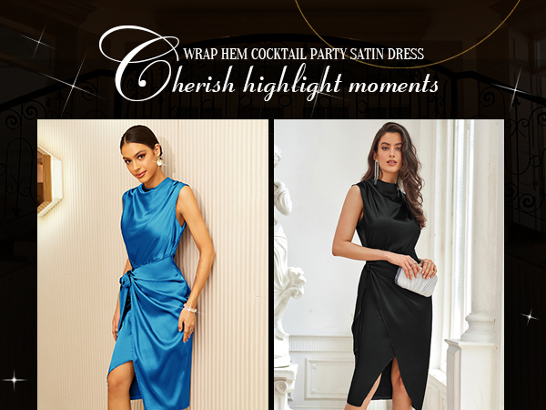 Mock Neck Keyhole Sleeveless Tie Waist Faux Wrap Bodycon Dress Satin Silk Midi Formal Dress