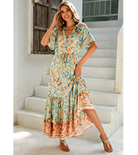 Womens Summer Short Sleeve V Neck Boho Floral Print Flowy Midi Dress