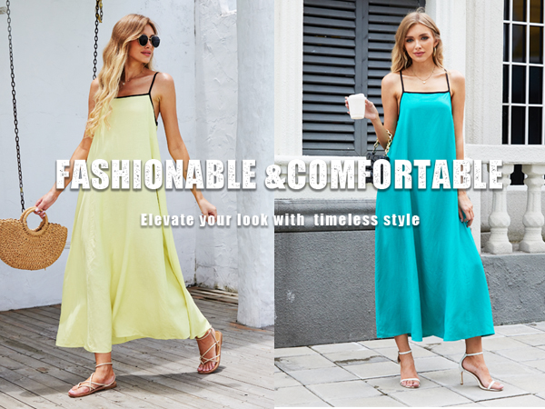 Women''s 2024 Summer Linen Maxi Dress Contrast Spaghetti Strap Dress Casual Party Beach Dresses