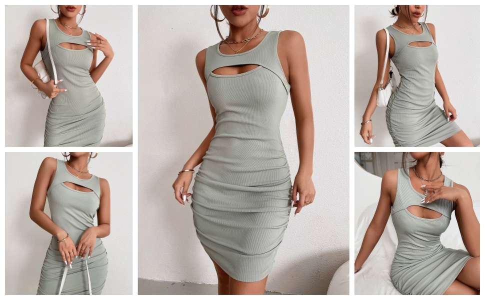 Women Summer Sleeveless Sexy Cut Out Bodycon Knit Ruched Tank Dress Slim Club Party Evening Dresses