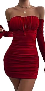 Womens Sexy Off Shoulder Ruched Bodycon Mini Dress Long Sleeve Halter Party Club Short Dresses