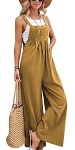 Womens Cotton Bib Overalls Casual Loose Fit Jumper Adjustable Strap Wide Leg Jumpsuits