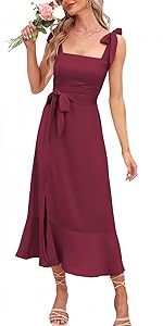 Womens Elegant Bridesmaid Formal Dresses Square Neck Ruffle Split Midi Dress for Wedding Guest