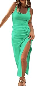 Womens Sexy Side Slit Drawstring Ruched Bodycon Casual Sun Maxi Dresses Sleeveless Ribbed Tank Dress