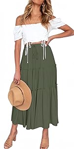 Women&#39;s Boho Elastic High Waisted Maxi Skirt Casual A Line Flowy Ruffle Beach Long Skirts