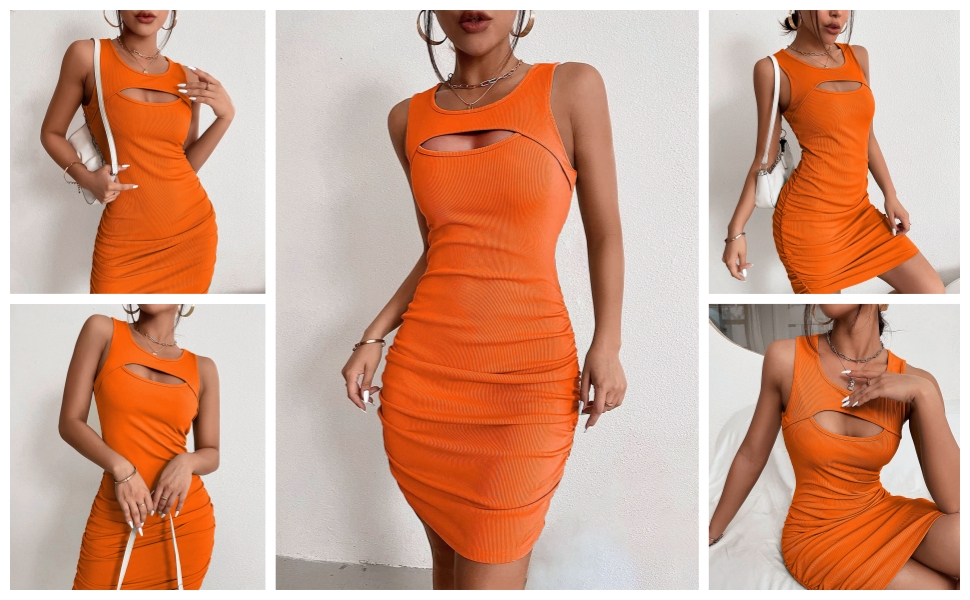 Women Summer Sleeveless Sexy Cut Out Bodycon Knit Ruched Tank Dress Slim Club Party Evening Dresses