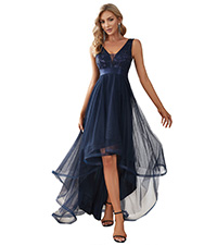 Womens Asymmetrical Hem Sleeveless Open Back A-line Tulle Sequin V-Neck Maxi Cocktail Dress