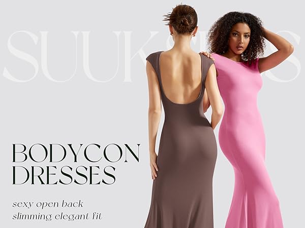 SUUKSESS Women Backless Fitted Bodycon Maxi Dress Sexy Open Back Y2K Long Formal Dress 2