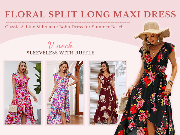 Sleeveless Scoop Neck Floral High Low Split Party Long Maxi Dress