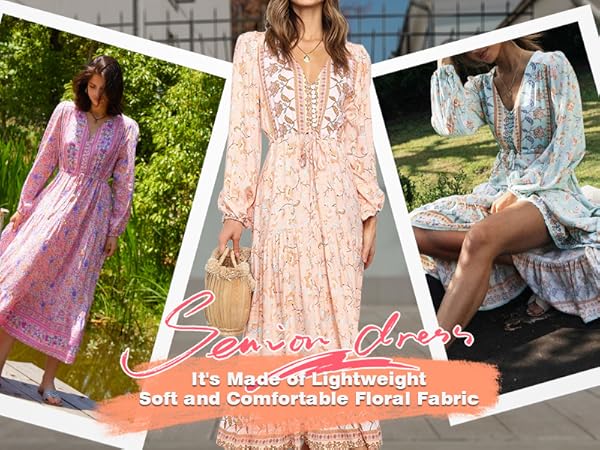 Women‘s Long Sleeve V Neck Boho Floral Print A-Line Flowy Midi Dress