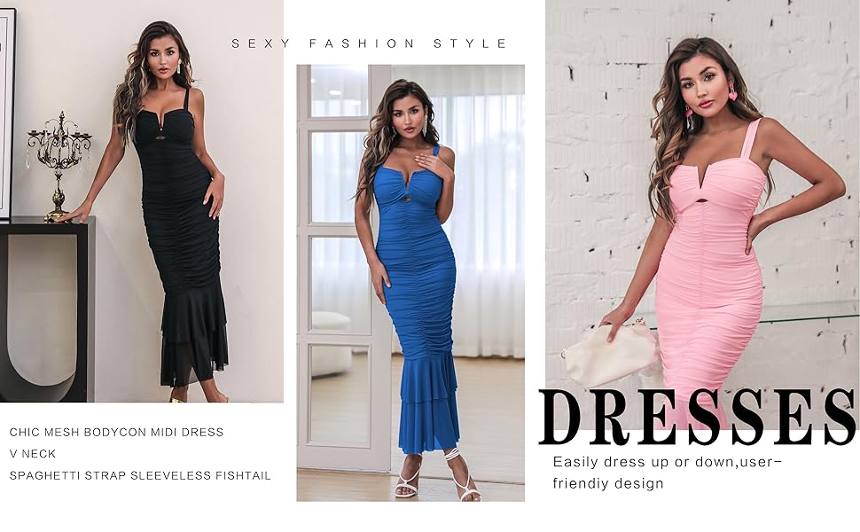 women v neck sleeveless strap bodycon mesh midi dress black blue pink