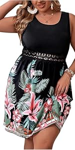 Women''s Plus Size Dress Tropical Print Lace Trim Sleeveless A Line Summer Short Dresses