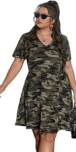 Women''s Plus Size Camo Print V Neck Short Sleeve Casual T Shirt Dress