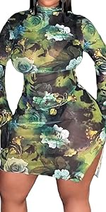 Women''s Plus Size Floral Print Mesh Split Hem Bodycon Dress Mock Neck Bell  Mini Dresses