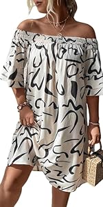 Women''s Plus Size Allover Print Tunic Dress Off Shoulder Ruffle Half Sleeve Summer Dresses