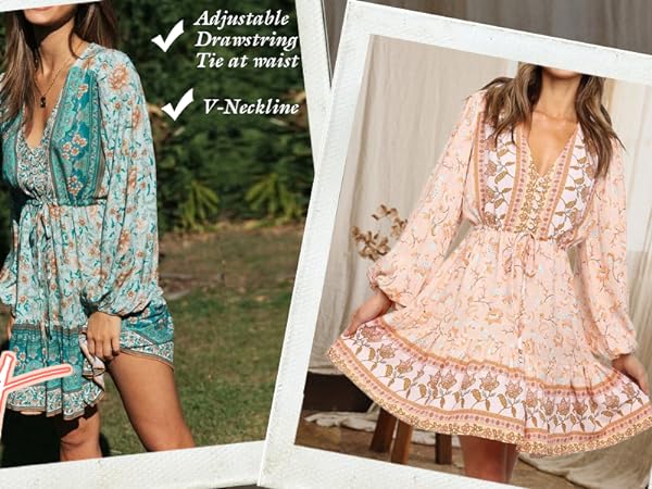 Women&#39;s Cotton Long Sleeves V-Neck Button Up Floral Print Bohemian Flowy Mini Dress