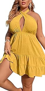 yellow mini dress wedding guest dress yellow short dress cut out dress halter dress