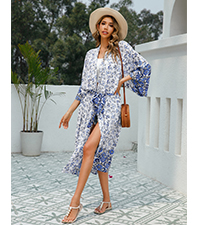 Womens Vintage Floral Print Beach Boho Cardigan Kimono Maxi Swimwear Cover up Dress Wrap