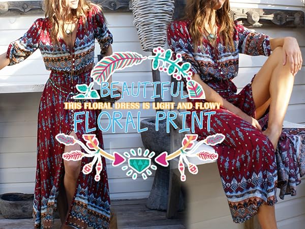 Women&#39;s Summer Boho Button Up V Neck Floral Print Roll Up Causal Split Beach Midi Dresses