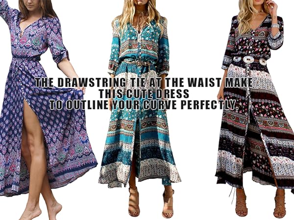 Women&#39;s Summer Boho Button Up V Neck Floral Print Roll Up Causal Split Beach Midi Dresses