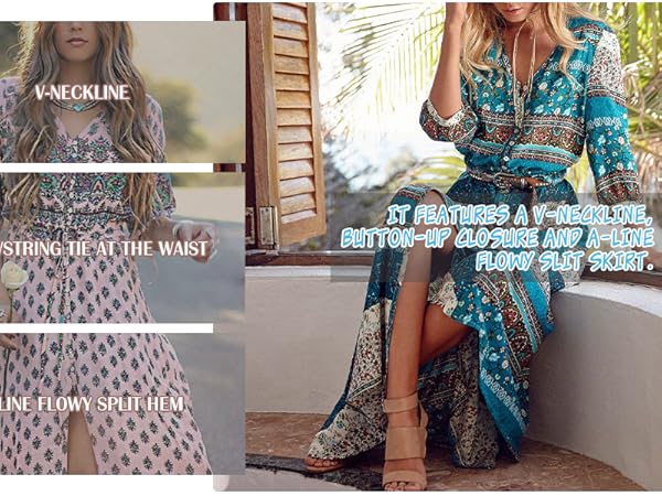 Women&#39;s Summer Boho Button Up V Neck Floral Print Roll Up Causal Split Beach Midi Dresses