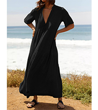 Womens Summer Cotton Short Sleeve V Neck Empire Waist Tiered Ruffle Casual Loose Flowy Maxi Dress