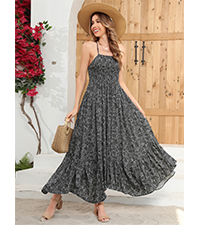 Womens Summer Spaghetti Strap Boho Floral Print Smocked Backless Casual Ruffle Flowy Maxi Dresses