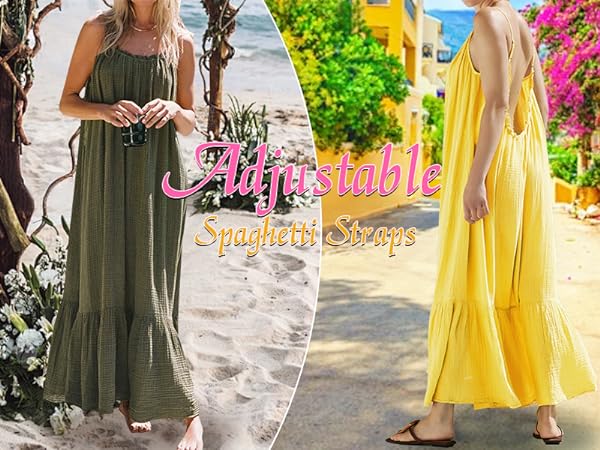 Women&#39;s Summer Cotton Spaghetti Strap Boho Casual Backless Ruffle Loose Fit Flowy Maxi Dress