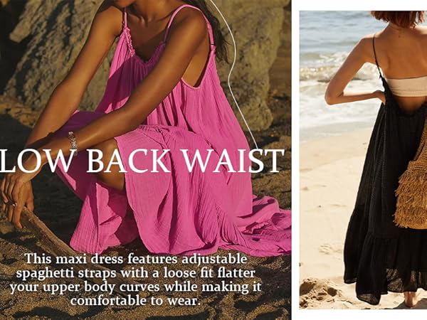 Women&#39;s Summer Cotton Spaghetti Strap Boho Casual Backless Ruffle Loose Fit Flowy Maxi Dress