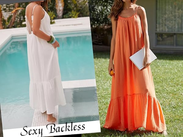 Women&#39;s Summer Cotton Spaghetti Strap Boho Casual Backless Ruffle Loose Fit Flowy Maxi Dress