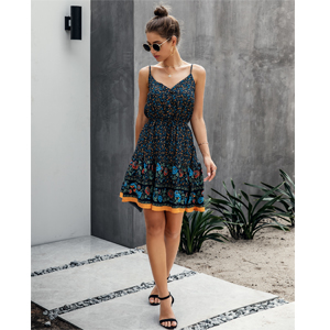 Floral Sexy V Neck Spaghetti Strap Backless Button Down Sundress Summer Mini Short Dress