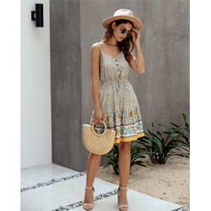 Floral Sexy V Neck Spaghetti Strap Backless Button Down Sundress Summer Mini Short Dress