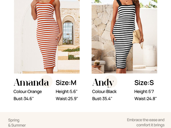 Merokeety Striped Strappy Bodycon Midi Tank Dress