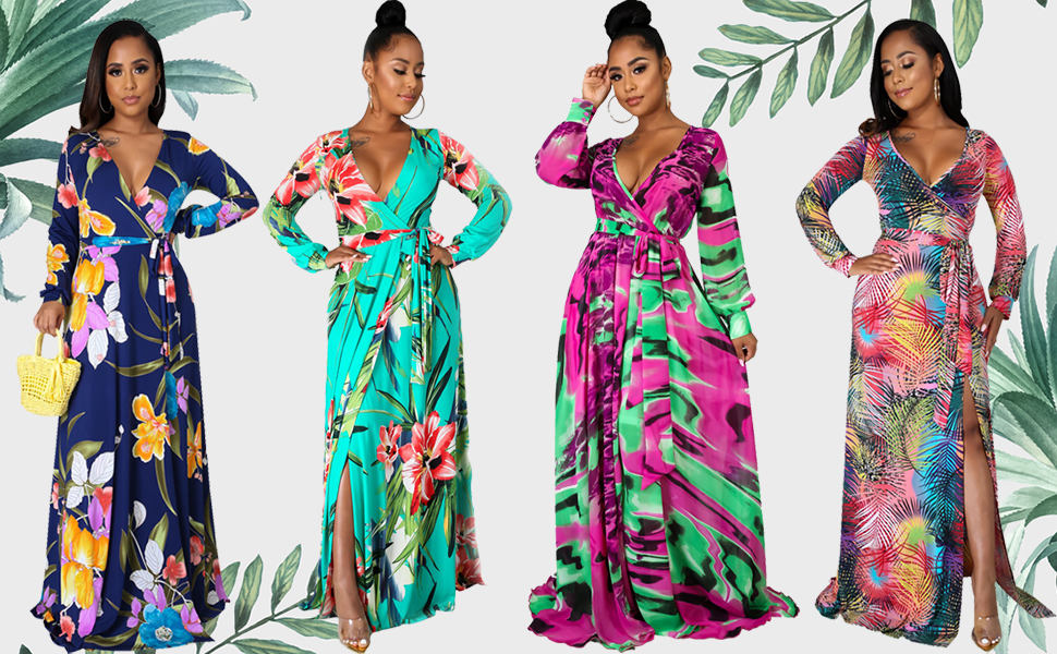 Womens Casual Floral Print Long Maxi Dress Plus Size Plain Party Outfits