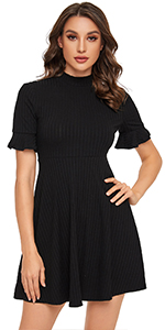 Ruffle Short Sleeve Mock Neck Flared Dress