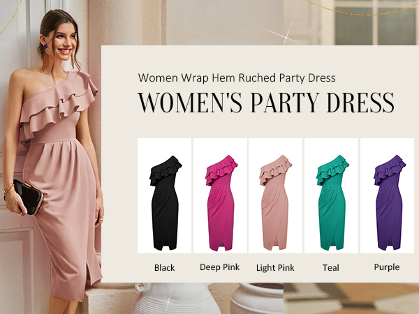 One Shoulder Dress for Women Wedding Guest Ruched Wrap Dress Sleeveless Formal Cocktail Midi Dress