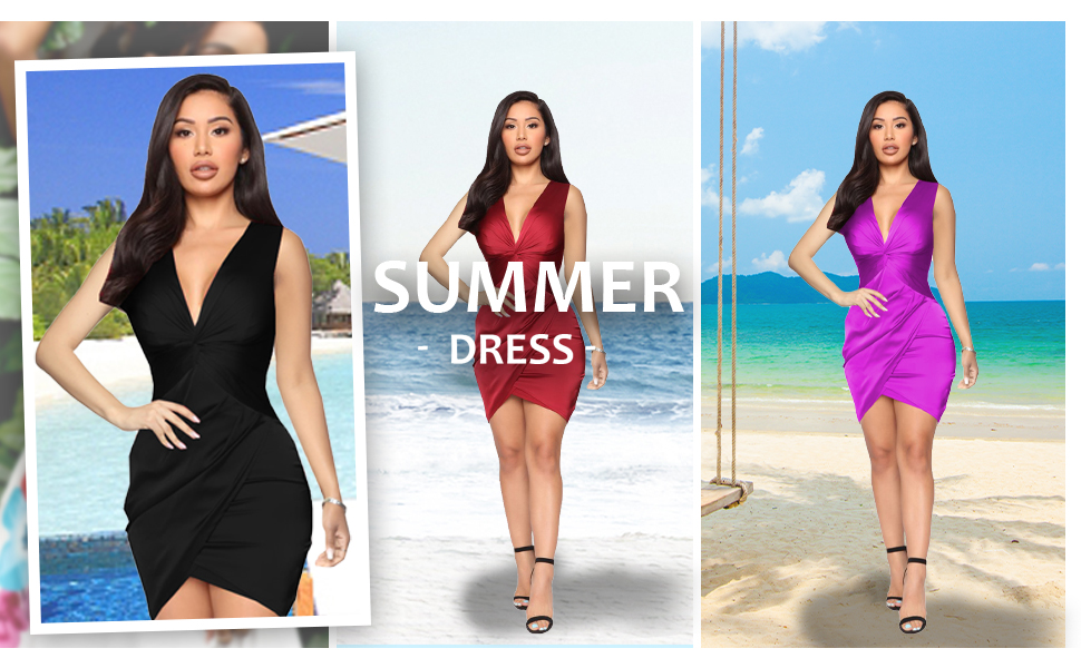 Summer Casual Beach Dresses V Neck Sleeveless Ruched Stretchy Bodycon Wrap Mini Dress