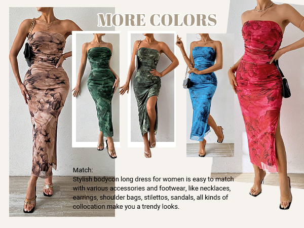 Milumia Women''s Printed Strapless Tube Top Long Dress Slit Hem Sleeveless Bodycon Maxi Dresses