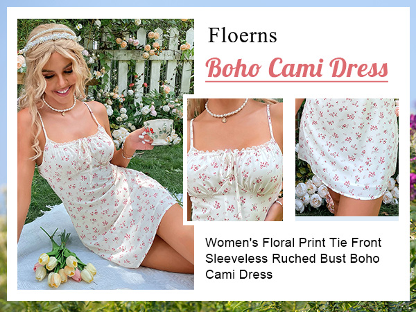 Floerns Women&#39;s Floral Print Tie Front Sleeveless Ruched Bust Boho Cami Dress