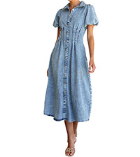 WOMEN PUFF SLEEVE BUTTON DOWN DENIM DRESS