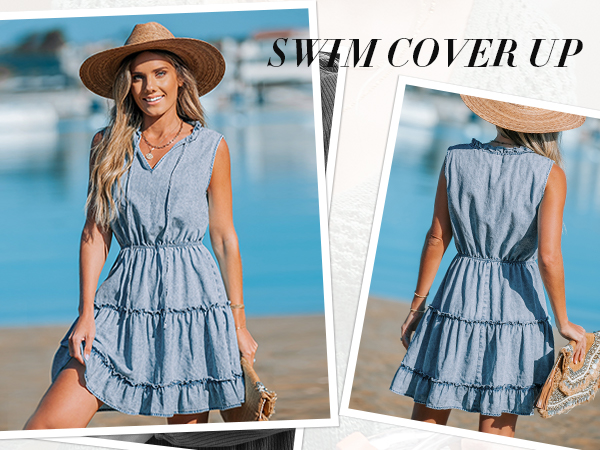 denim v neck ruffled mini dress