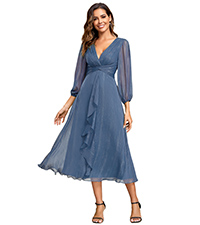   Ever-Pretty Women''s Elegant A Line Ruched V Neck Long Sleeves Tea-Length Wedding Guest Dresses