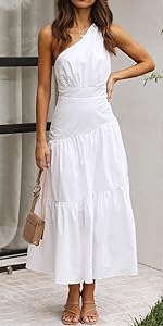 Women&#39;s Summer Cotton Boho One Shoulder Knot Sleeveless Ruffle A-Line Flowy Midi Dress