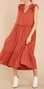 Womens Summer Sleeveless Casual Ruffle Flowy Midi Dress