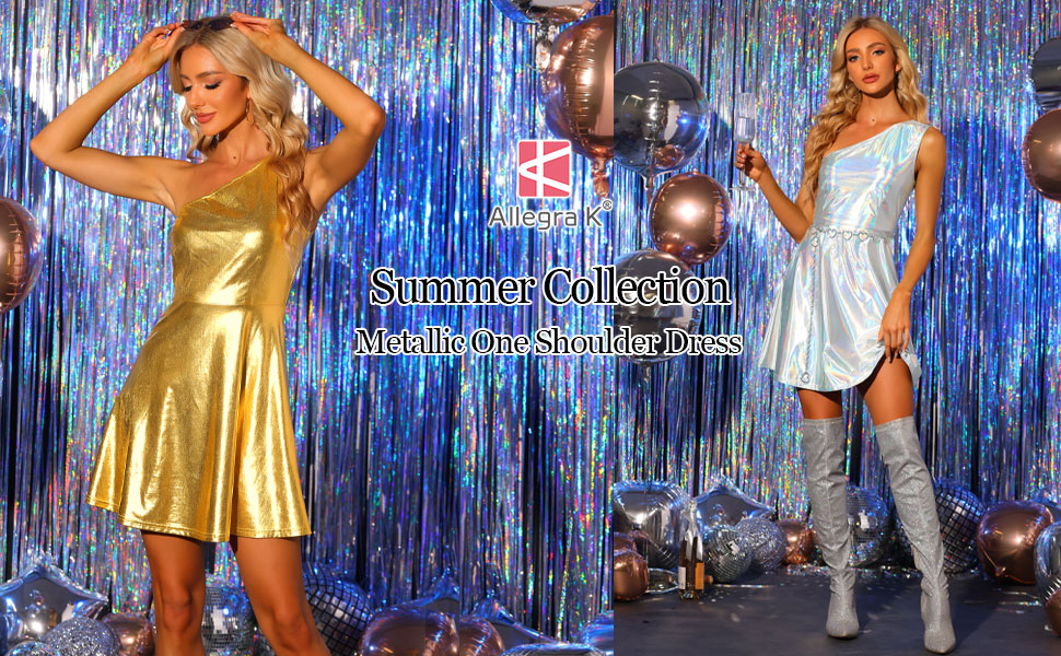 Allegra K Metallic Sleeveless Dress for Women''s One Shoulder Party Disco Holographic Dresses