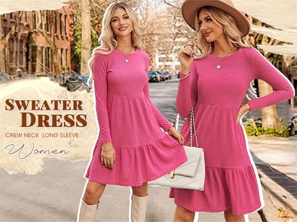 Womens Fall Long Sleeve Dress Crewneck Fashion Casual Sweater Dress with Pockets