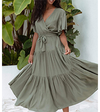 Womens Summer Short Sleeve Wrap V Neck Tiered Ruffle Midi Dress